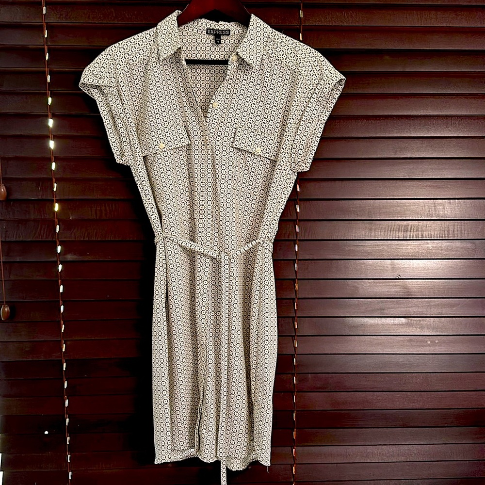 Express tan, green shirt dress.